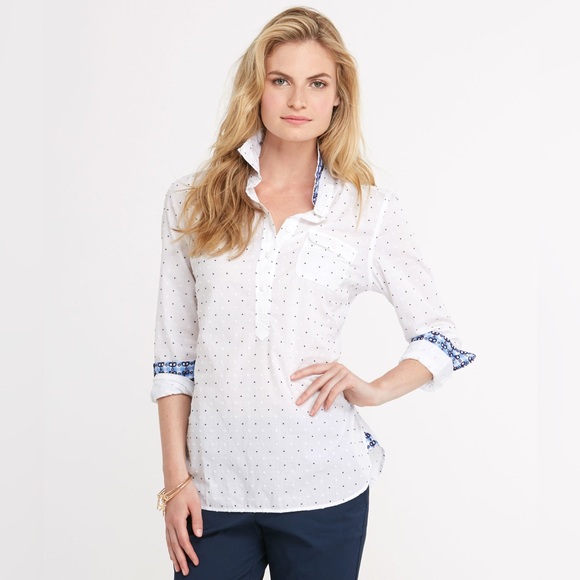 Vineyard Vines Swiss Dot Combo Popover Top 100% Cotton White Size 0 - Picture 1 of 10